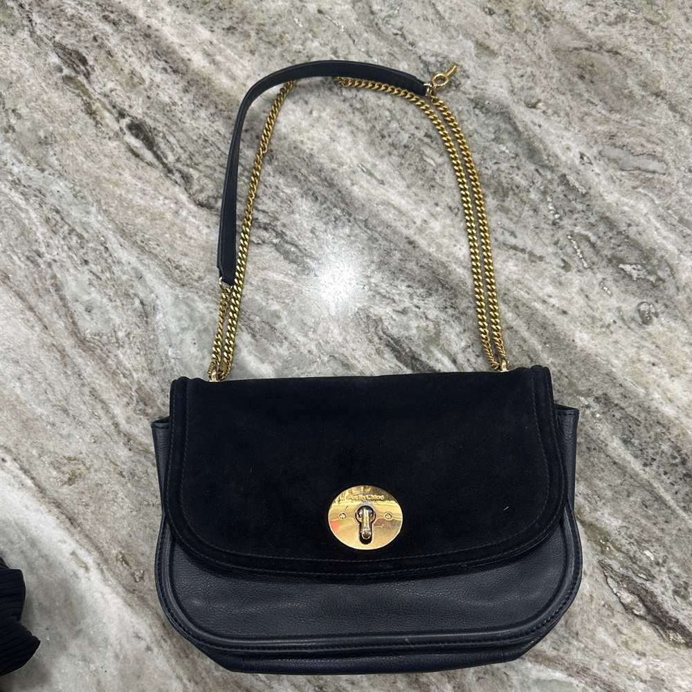 See By Chloé Black Suede & Leather Shoulder Bag with Gold Chain